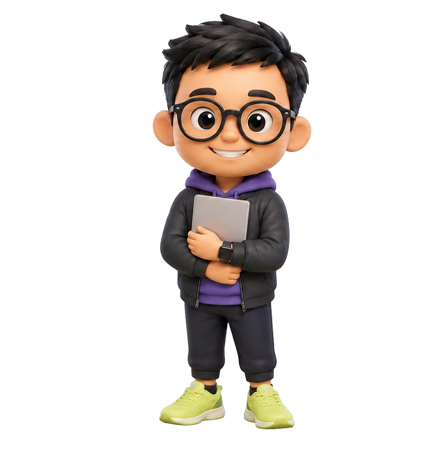 High-detail 3D rendered cartoon avatar of Max holding a tablet