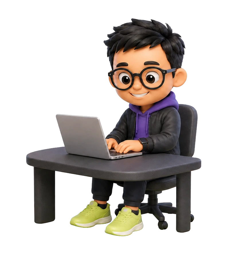 High-detail 3D rendered cartoon avatar of Max building at a laptop
