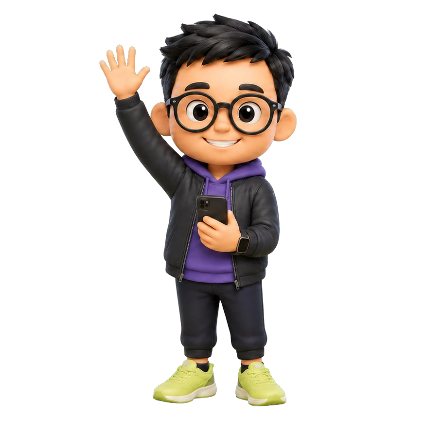High-detail 3D rendered cartoon avatar of Max waving from the centre of the hero