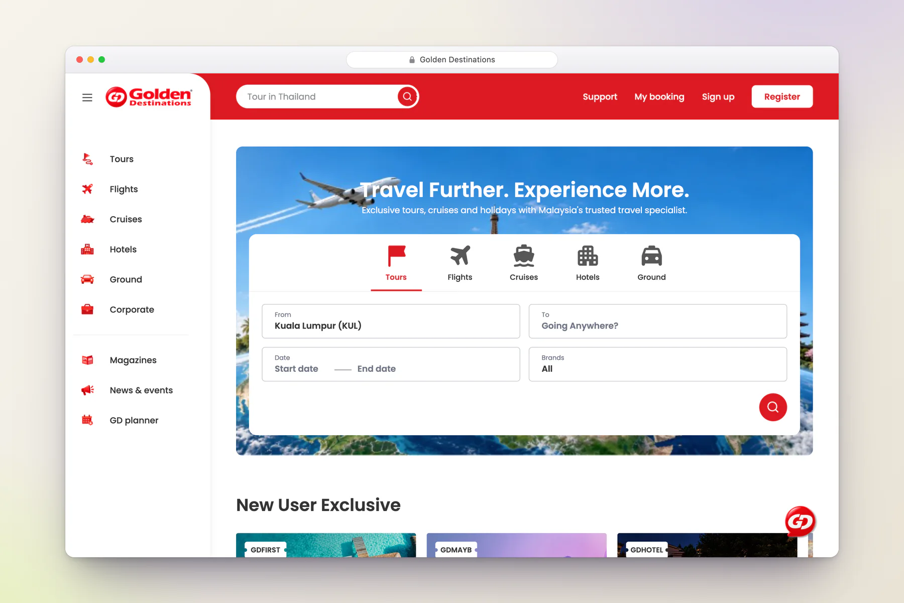 Golden Destinations travel booking home page with tour search