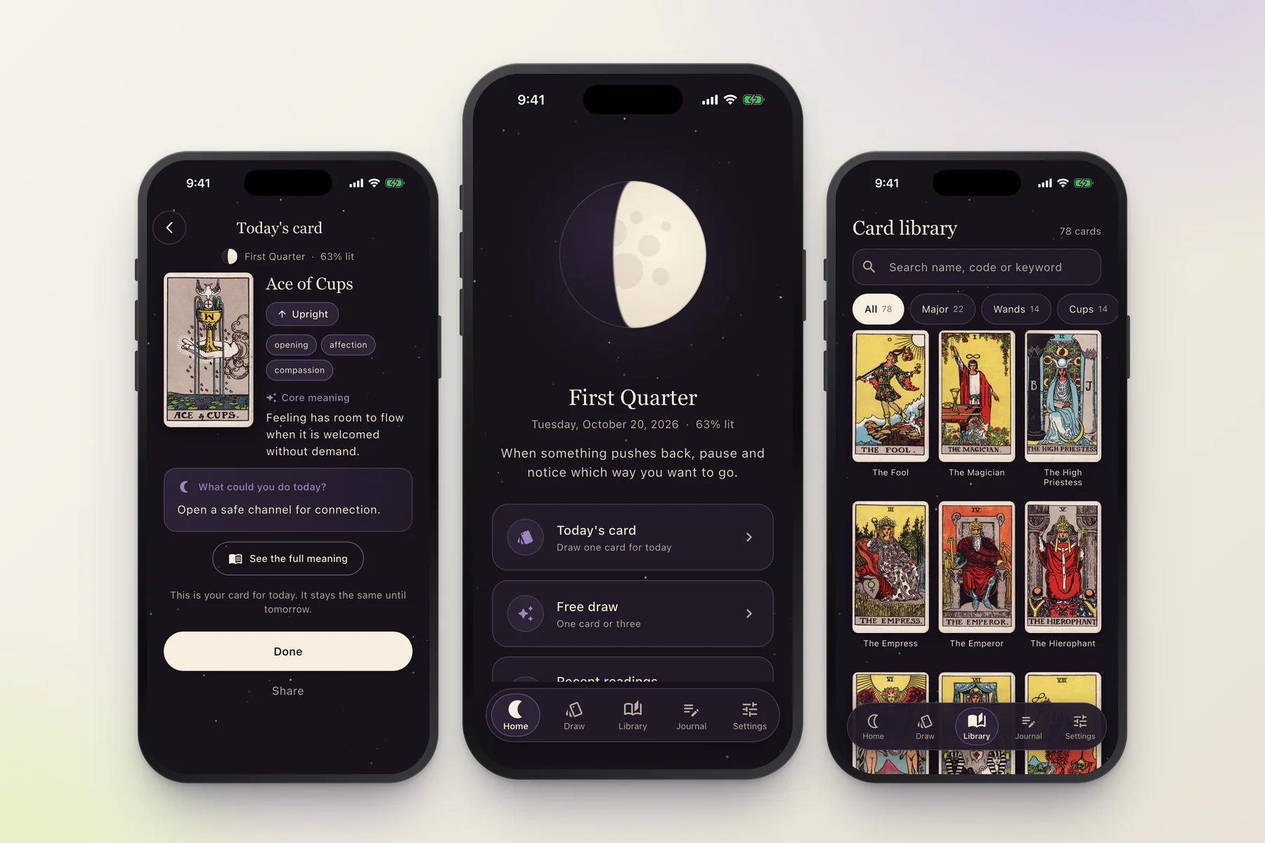 LUNETHYS tarot app: a drawn card, today’s moon phase and the 78-card library on three phones
