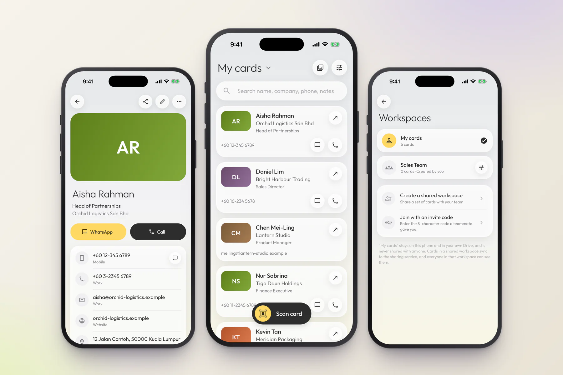Namecard Box app: contact detail, card list and shared workspaces on three phones