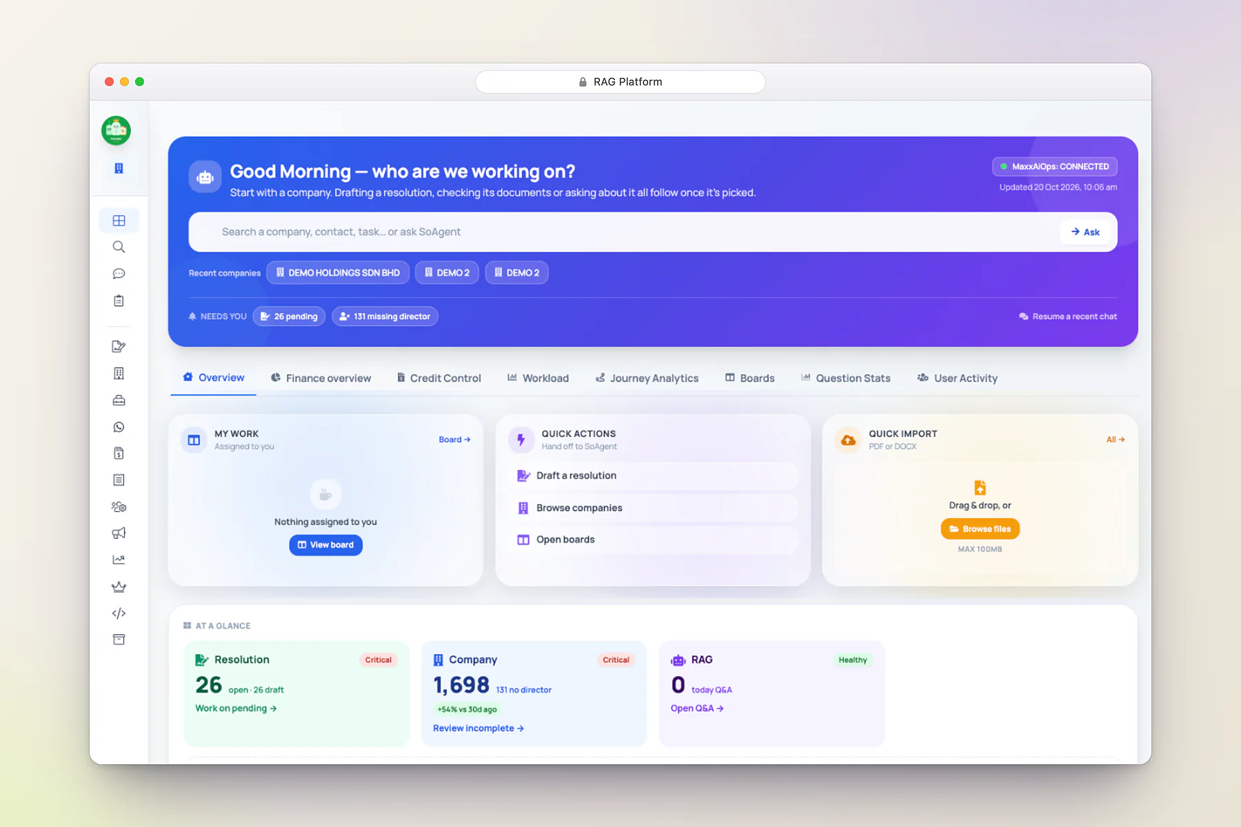 Cosec AI workspace dashboard with quick actions and company and resolution counts