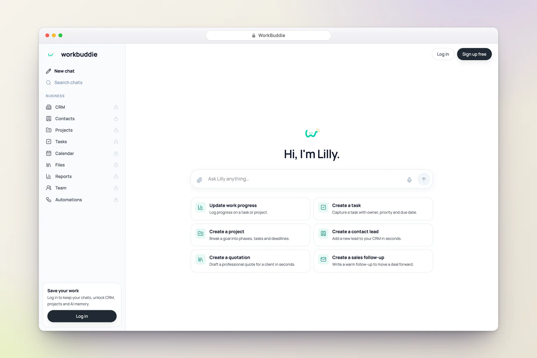 WorkBuddie AI assistant home with suggested actions