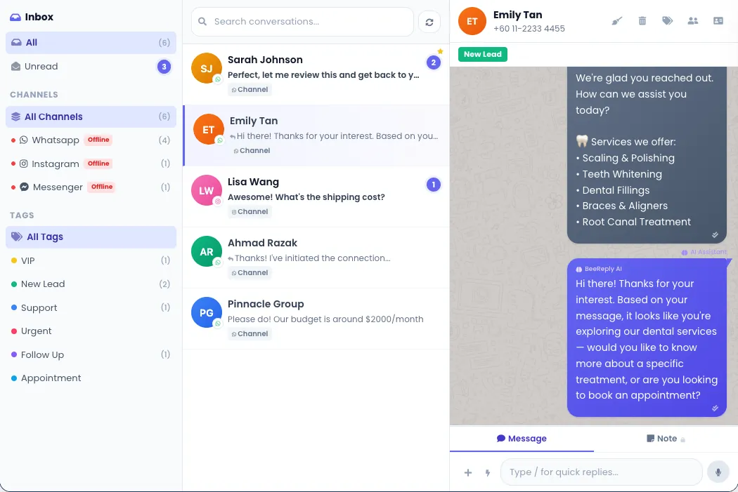 BeeReply public booking demo inbox with sample conversations and AI replies