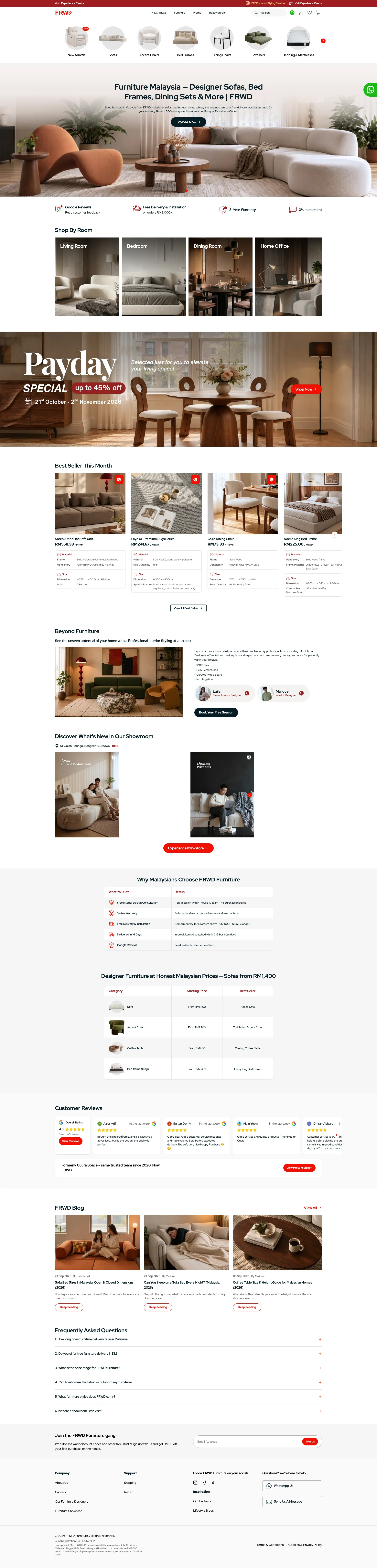 FRWD Furniture desktop homepage with furniture collections and online shopping