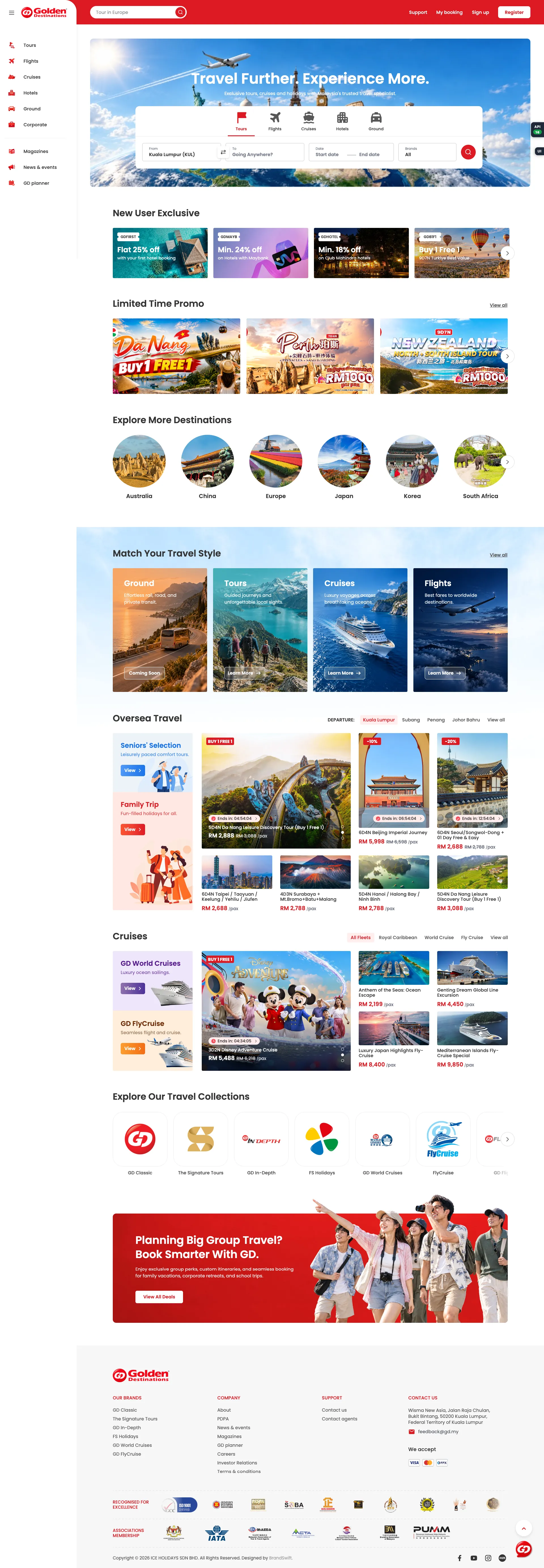 Golden Destinations full travel booking homepage with tours, flights, cruises, hotels and destination collections