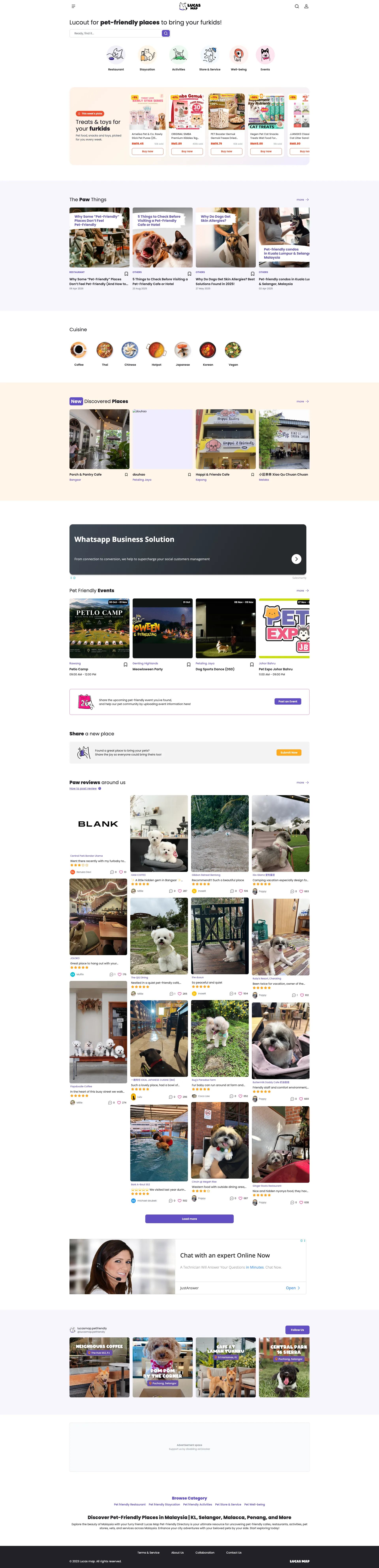 LucasMap full desktop homepage with pet-friendly places, events and community reviews
