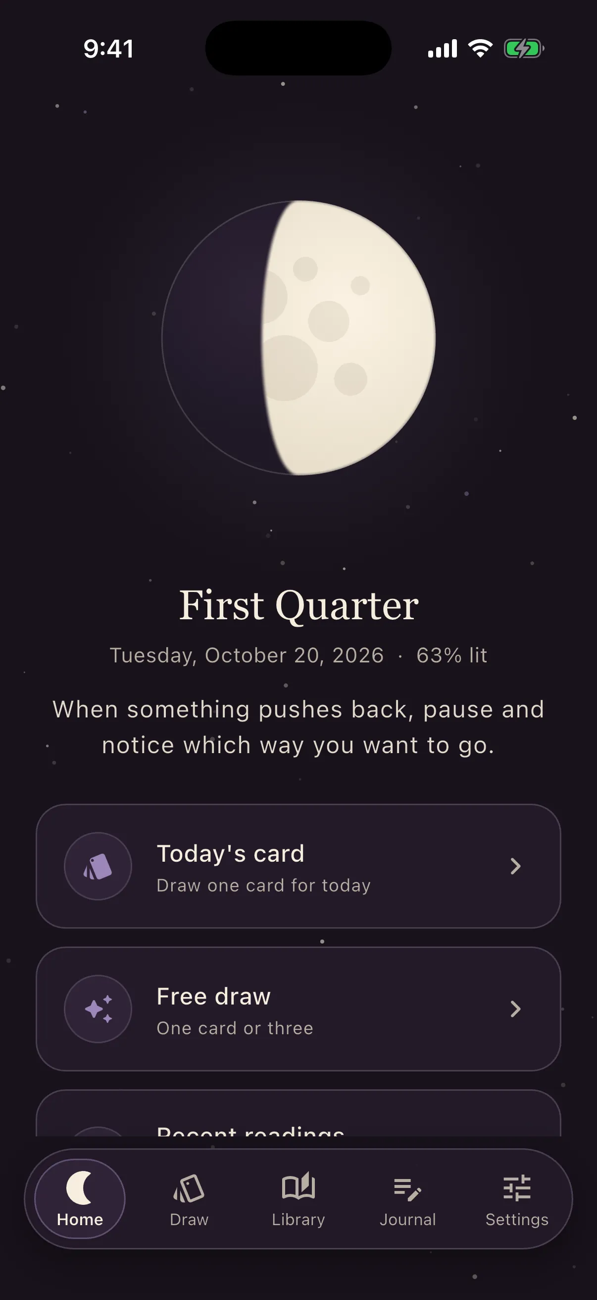 LUNETHYS tarot app: a drawn card, today’s moon phase and the 78-card library on three phones