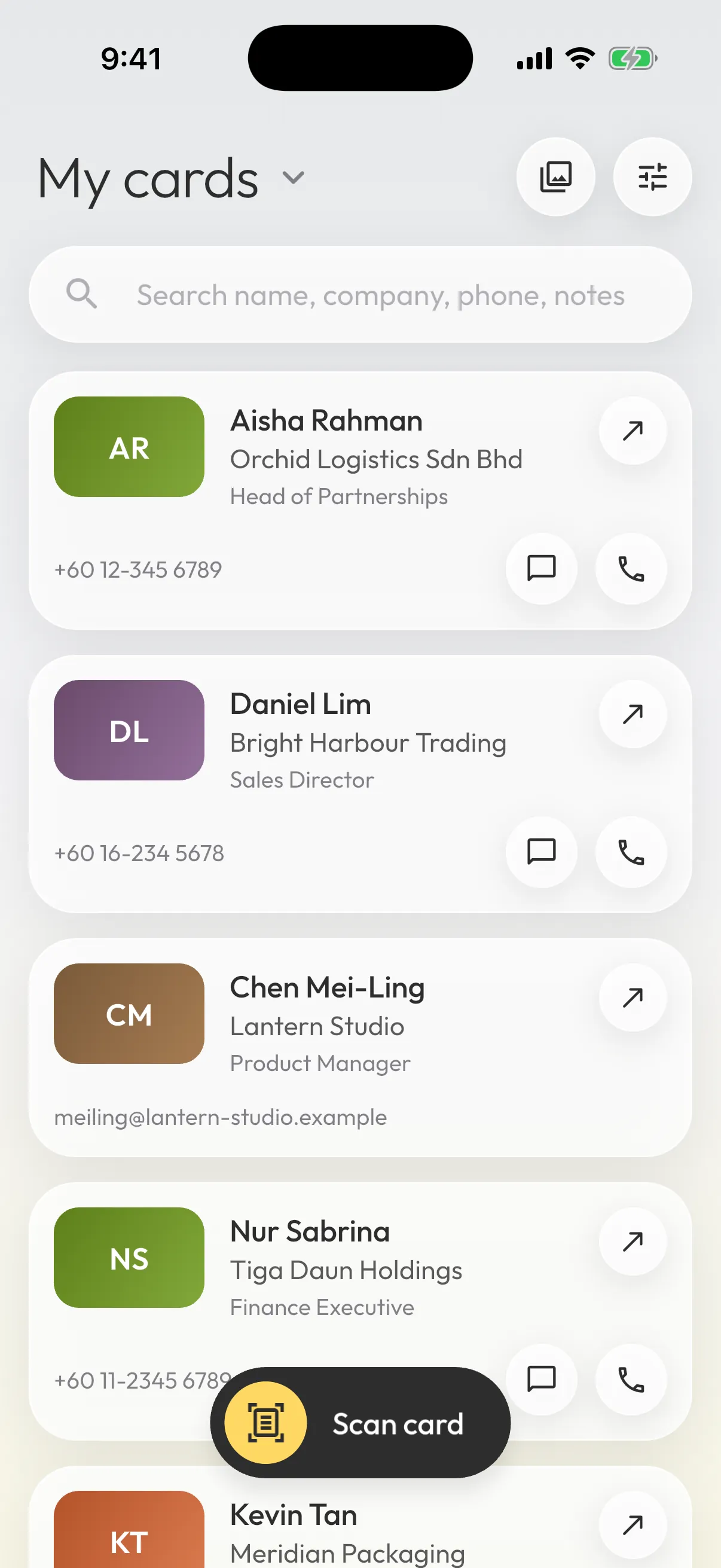 Namecard Box app: contact detail, card list and shared workspaces on three phones