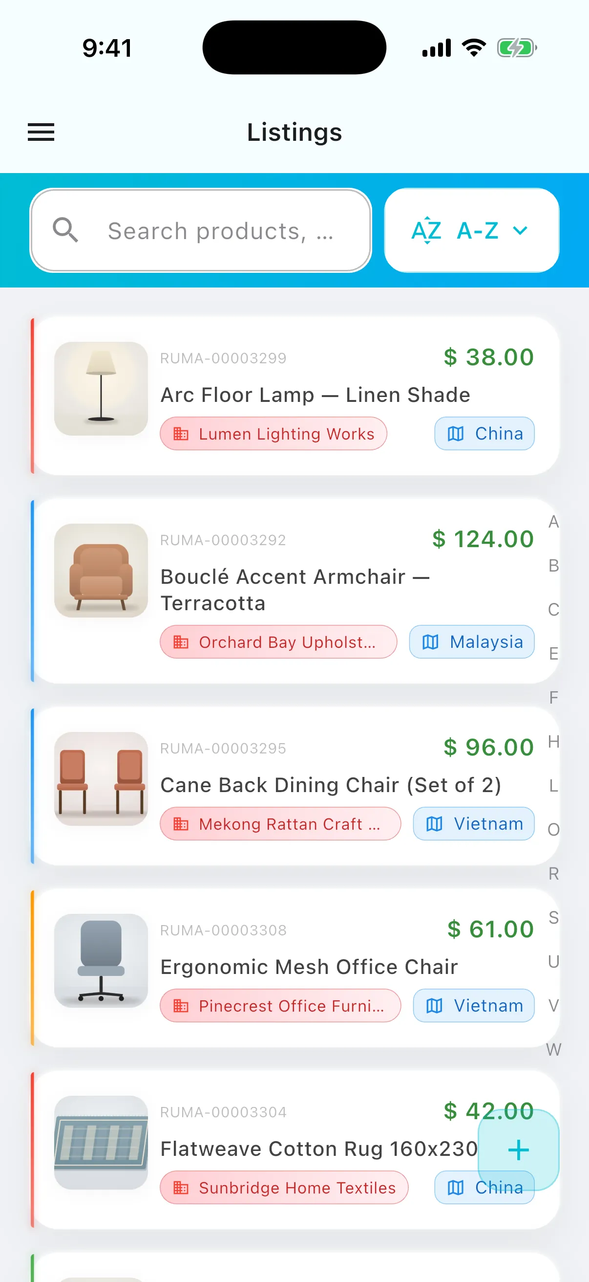 rumaMER sourcing app: trade-fair events, product listings and suppliers on three phones