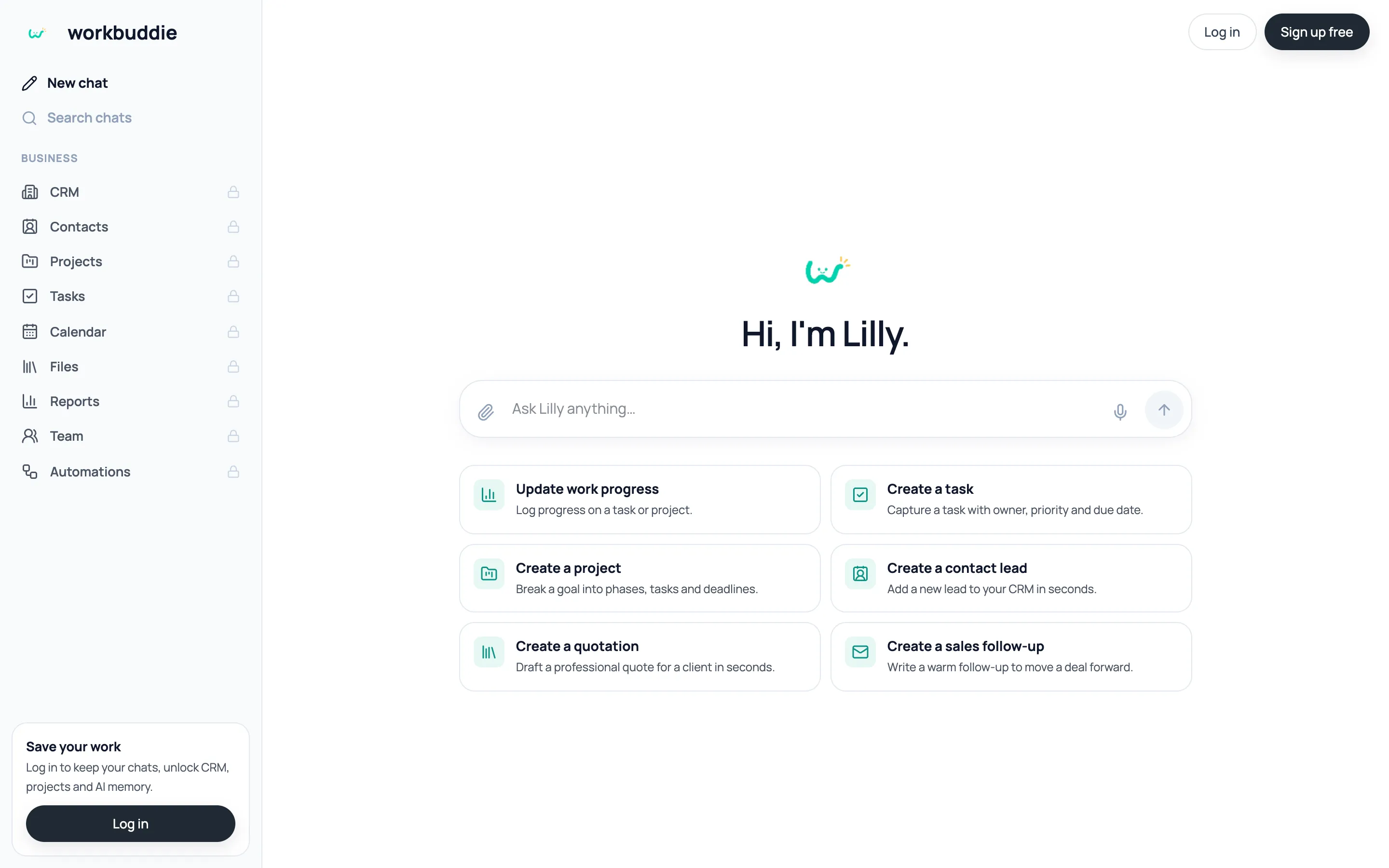 WorkBuddie AI assistant home with suggested actions